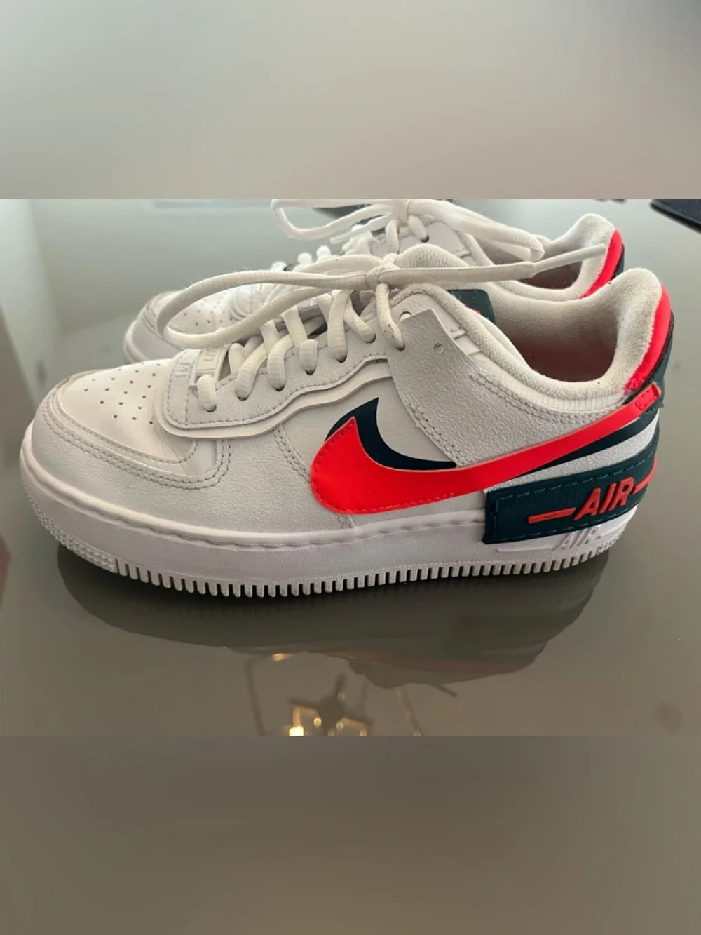 Nike Air Force one White Sneakers with Neon Pink & Dark Teal Swoosh - Picture 3 of 8